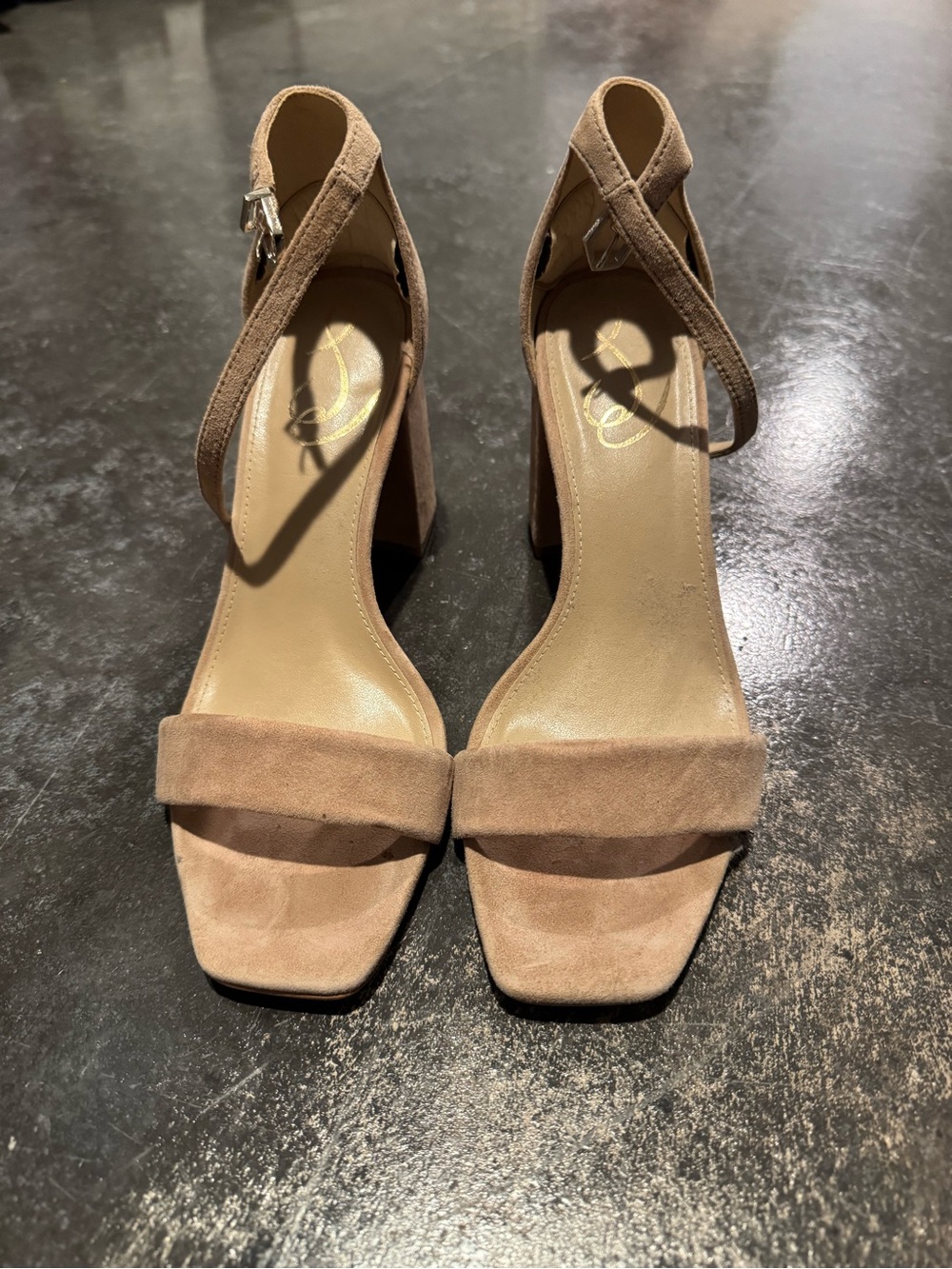 Sam Edelman Taupe Suede Block Heel Sandals with Ankle Strap
